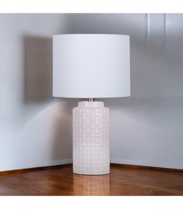 Cream Ceramic Table Lamp with Drum Shade – Durable Striped Design, Handmade Shade, Soft Ambient Light, Stylish Home Décor Accent for Living Room, Hallway, or Study (Leopard Vase - 63cm Shade)