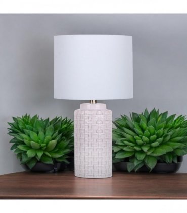 Cream Ceramic Table Lamp with Drum Shade – Durable Striped Design, Handmade Shade, Soft Ambient Light, Stylish Home Décor Accent for Living Room, Hallway, or Study (Leopard Vase - 63cm Shade)