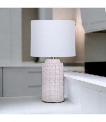 Cream Ceramic Table Lamp with Drum Shade – Durable Striped Design, Handmade Shade, Soft Ambient Light, Stylish Home Décor Accent for Living Room, Hallway, or Study (Leopard Vase - 63cm Shade)