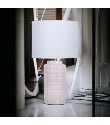 Cream Ceramic Table Lamp with Drum Shade – Durable Striped Design, Handmade Shade, Soft Ambient Light, Stylish Home Décor Accent for Living Room, Hallway, or Study (Leopard Vase - 63cm Shade)
