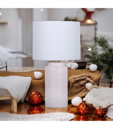 Cream Ceramic Table Lamp with Drum Shade – Durable Striped Design, Handmade Shade, Soft Ambient Light, Stylish Home Décor Accent for Living Room, Hallway, or Study (Leopard Vase - 63cm Shade)