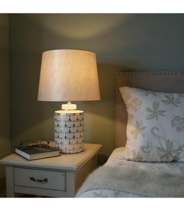 Cream Ceramic Table Lamp with Drum Shade – Durable Striped Design, Handmade Shade, Soft Ambient Light, Stylish Home Décor Accent for Living Room, Hallway, or Study (Floral Vase - 63cm Shade)