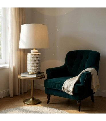 Cream Ceramic Table Lamp with Drum Shade – Durable Striped Design, Handmade Shade, Soft Ambient Light, Stylish Home Décor Accent for Living Room, Hallway, or Study (Floral Vase - 63cm Shade)