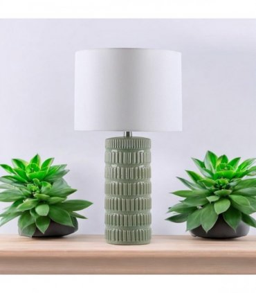 Cream Ceramic Table Lamp with Drum Shade – Durable Striped Design, Handmade Shade, Soft Ambient Light, Stylish Home Décor Accent for Living Room, Hallway, or Study (Floral Vase - 63cm Shade)