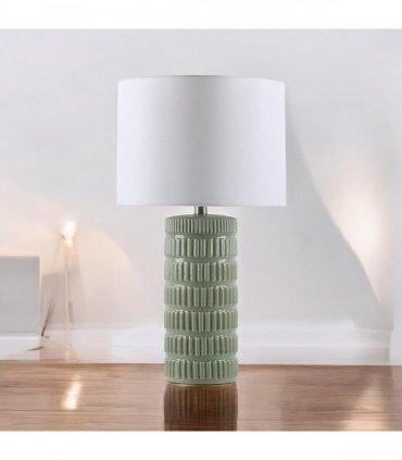 Cream Ceramic Table Lamp with Drum Shade – Durable Striped Design, Handmade Shade, Soft Ambient Light, Stylish Home Décor Accent for Living Room, Hallway, or Study (Floral Vase - 63cm Shade)