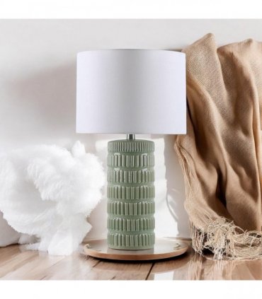 Cream Ceramic Table Lamp with Drum Shade – Durable Striped Design, Handmade Shade, Soft Ambient Light, Stylish Home Décor Accent for Living Room, Hallway, or Study (Floral Vase - 63cm Shade)