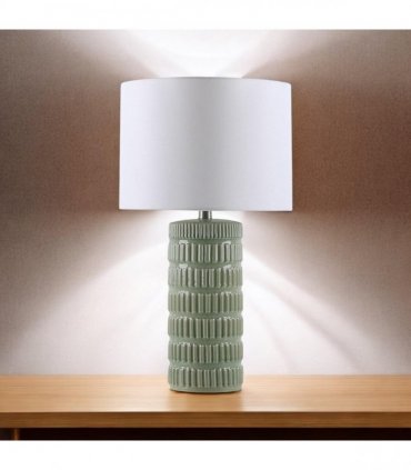 Cream Ceramic Table Lamp with Drum Shade – Durable Striped Design, Handmade Shade, Soft Ambient Light, Stylish Home Décor Accent for Living Room, Hallway, or Study (Floral Vase - 63cm Shade)