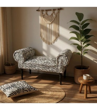 Durable & Stylish Velvet Window Seat Bed End Chaise Lounge - Crushed Velvet Fabric, Solid Wood Feet, Padded Armrests, Sponge Padded Seat, Perfect for Bedroom or Living Room (White Tiger Art Design)