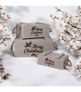 AcaciaHome Stylish and Vintage Wooden Merry Christmas Storage Crate Set – 3 Rustic Display Boxes for Garden & Home Decor – Stackable, Durable, Space-Saving Design for Home & Outdoor Use (Light Grey)
