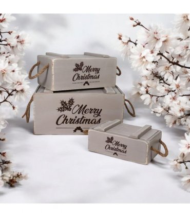 AcaciaHome Stylish and Vintage Wooden Merry Christmas Storage Crate Set – 3 Rustic Display Boxes for Garden & Home Decor – Stackable, Durable, Space-Saving Design for Home & Outdoor Use (Light Grey)