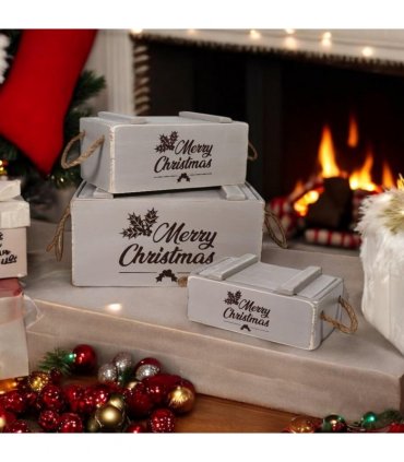 AcaciaHome Stylish and Vintage Wooden Merry Christmas Storage Crate Set – 3 Rustic Display Boxes for Garden & Home Decor – Stackable, Durable, Space-Saving Design for Home & Outdoor Use (Light Grey)