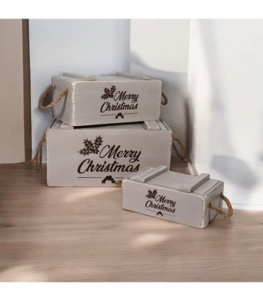 AcaciaHome Stylish and Vintage Wooden Merry Christmas Storage Crate Set – 3 Rustic Display Boxes for Garden & Home Decor – Stackable, Durable, Space-Saving Design for Home & Outdoor Use (Light Grey)