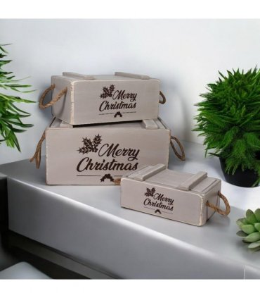 AcaciaHome Stylish and Vintage Wooden Merry Christmas Storage Crate Set – 3 Rustic Display Boxes for Garden & Home Decor – Stackable, Durable, Space-Saving Design for Home & Outdoor Use (Light Grey)