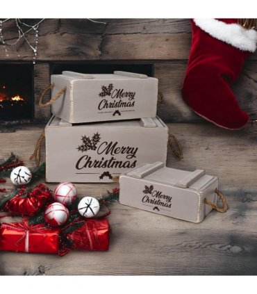 AcaciaHome Stylish and Vintage Wooden Merry Christmas Storage Crate Set – 3 Rustic Display Boxes for Garden & Home Decor – Stackable, Durable, Space-Saving Design for Home & Outdoor Use (Light Grey)