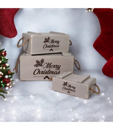 AcaciaHome Stylish and Vintage Wooden Merry Christmas Storage Crate Set – 3 Rustic Display Boxes for Garden & Home Decor – Stackable, Durable, Space-Saving Design for Home & Outdoor Use (Light Grey)