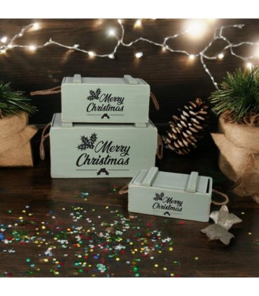 AcaciaHome Stylish and Vintage Wooden Merry Christmas Storage Crate Set – 3 Rustic Display Boxes for Garden & Home Decor – Stackable, Durable, Space-Saving Design for Home & Outdoor Use (Green)