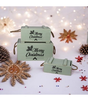 AcaciaHome Stylish and Vintage Wooden Merry Christmas Storage Crate Set – 3 Rustic Display Boxes for Garden & Home Decor – Stackable, Durable, Space-Saving Design for Home & Outdoor Use (Green)