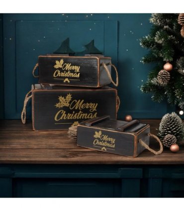 AcaciaHome Stylish and Vintage Wooden Merry Christmas Storage Crate Set – 3 Rustic Display Boxes for Garden & Home Decor – Stackable, Durable, Space-Saving Design for Home & Outdoor Use (Black)