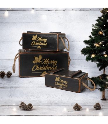 AcaciaHome Stylish and Vintage Wooden Merry Christmas Storage Crate Set – 3 Rustic Display Boxes for Garden & Home Decor – Stackable, Durable, Space-Saving Design for Home & Outdoor Use (Black)
