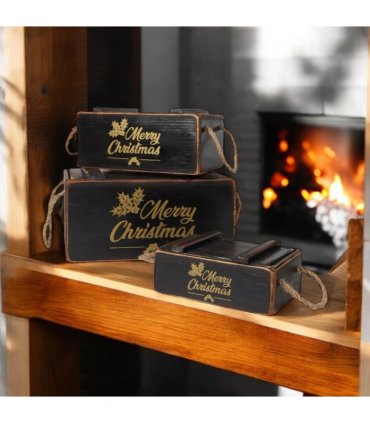 AcaciaHome Stylish and Vintage Wooden Merry Christmas Storage Crate Set – 3 Rustic Display Boxes for Garden & Home Decor – Stackable, Durable, Space-Saving Design for Home & Outdoor Use (Black)