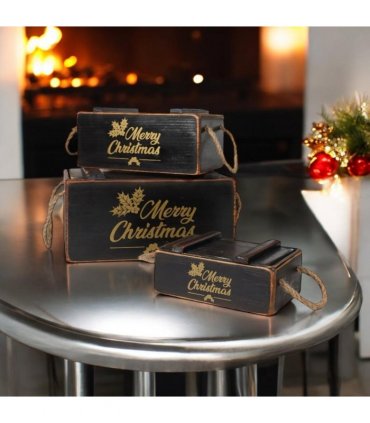 AcaciaHome Stylish and Vintage Wooden Merry Christmas Storage Crate Set – 3 Rustic Display Boxes for Garden & Home Decor – Stackable, Durable, Space-Saving Design for Home & Outdoor Use (Black)