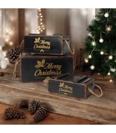 AcaciaHome Stylish and Vintage Wooden Merry Christmas Storage Crate Set – 3 Rustic Display Boxes for Garden & Home Decor – Stackable, Durable, Space-Saving Design for Home & Outdoor Use (Black)