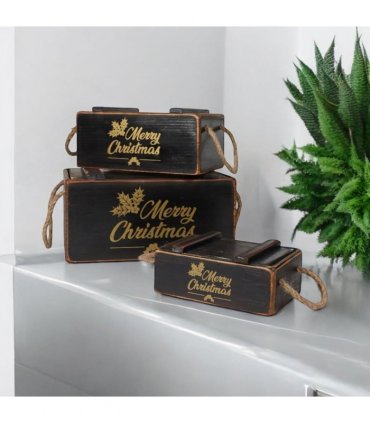 AcaciaHome Stylish and Vintage Wooden Merry Christmas Storage Crate Set – 3 Rustic Display Boxes for Garden & Home Decor – Stackable, Durable, Space-Saving Design for Home & Outdoor Use (Black)