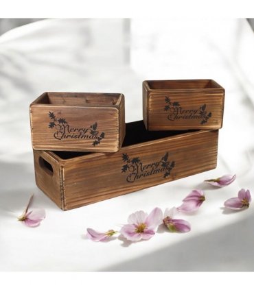 AcaciaHome Stylish and Vintage Wooden Merry Christmas Storage Crate Set – 3 Rustic Display Boxes for Garden & Home Decor – Stackable, Durable, Space-Saving Design for Home & Outdoor Use (Dark Brown)