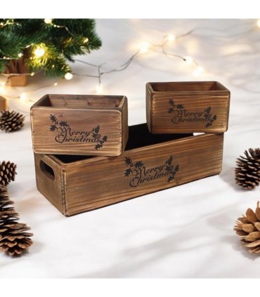 AcaciaHome Stylish and Vintage Wooden Merry Christmas Storage Crate Set – 3 Rustic Display Boxes for Garden & Home Decor – Stackable, Durable, Space-Saving Design for Home & Outdoor Use (Dark Brown)