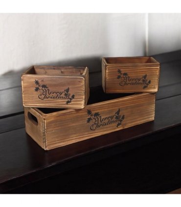 AcaciaHome Stylish and Vintage Wooden Merry Christmas Storage Crate Set – 3 Rustic Display Boxes for Garden & Home Decor – Stackable, Durable, Space-Saving Design for Home & Outdoor Use (Dark Brown)