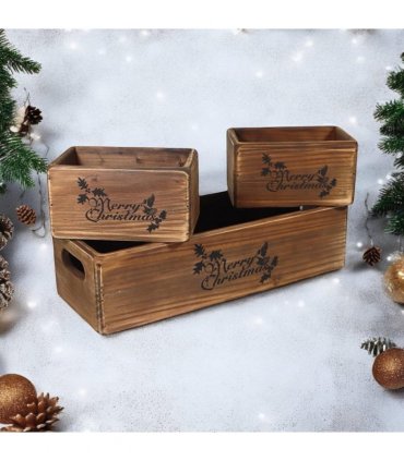 AcaciaHome Stylish and Vintage Wooden Merry Christmas Storage Crate Set – 3 Rustic Display Boxes for Garden & Home Decor – Stackable, Durable, Space-Saving Design for Home & Outdoor Use (Dark Brown)