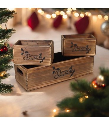 AcaciaHome Stylish and Vintage Wooden Merry Christmas Storage Crate Set – 3 Rustic Display Boxes for Garden & Home Decor – Stackable, Durable, Space-Saving Design for Home & Outdoor Use (Dark Brown)