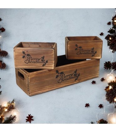 AcaciaHome Stylish and Vintage Wooden Merry Christmas Storage Crate Set – 3 Rustic Display Boxes for Garden & Home Decor – Stackable, Durable, Space-Saving Design for Home & Outdoor Use (Dark Brown)