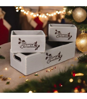 AcaciaHome Stylish and Vintage Wooden Merry Christmas Storage Crate Set – 3 Rustic Display Boxes for Garden & Home Decor – Stackable, Durable, Space-Saving Design for Home & Outdoor Use (Grey)