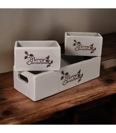 AcaciaHome Stylish and Vintage Wooden Merry Christmas Storage Crate Set – 3 Rustic Display Boxes for Garden & Home Decor – Stackable, Durable, Space-Saving Design for Home & Outdoor Use (Grey)