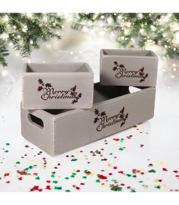 AcaciaHome Stylish and Vintage Wooden Merry Christmas Storage Crate Set – 3 Rustic Display Boxes for Garden & Home Decor – Stackable, Durable, Space-Saving Design for Home & Outdoor Use (Grey)