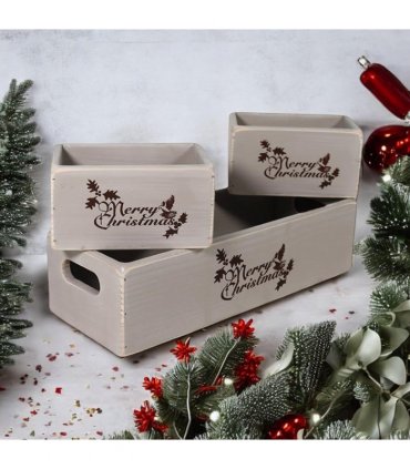 AcaciaHome Stylish and Vintage Wooden Merry Christmas Storage Crate Set – 3 Rustic Display Boxes for Garden & Home Decor – Stackable, Durable, Space-Saving Design for Home & Outdoor Use (Grey)