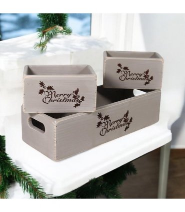 AcaciaHome Stylish and Vintage Wooden Merry Christmas Storage Crate Set – 3 Rustic Display Boxes for Garden & Home Decor – Stackable, Durable, Space-Saving Design for Home & Outdoor Use (Grey)