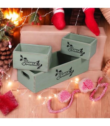 AcaciaHome Stylish and Vintage Wooden Merry Christmas Storage Crate Set – 3 Rustic Display Boxes for Garden & Home Decor – Stackable, Durable, Space-Saving Design for Home & Outdoor Use (Light Green)