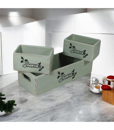 AcaciaHome Stylish and Vintage Wooden Merry Christmas Storage Crate Set – 3 Rustic Display Boxes for Garden & Home Decor – Stackable, Durable, Space-Saving Design for Home & Outdoor Use (Light Green)