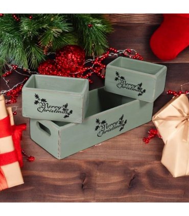 AcaciaHome Stylish and Vintage Wooden Merry Christmas Storage Crate Set – 3 Rustic Display Boxes for Garden & Home Decor – Stackable, Durable, Space-Saving Design for Home & Outdoor Use (Light Green)