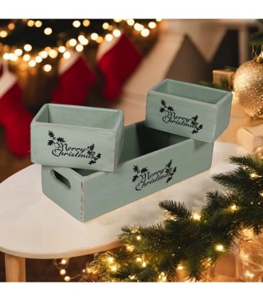 AcaciaHome Stylish and Vintage Wooden Merry Christmas Storage Crate Set – 3 Rustic Display Boxes for Garden & Home Decor – Stackable, Durable, Space-Saving Design for Home & Outdoor Use (Light Green)