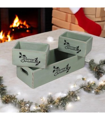AcaciaHome Stylish and Vintage Wooden Merry Christmas Storage Crate Set – 3 Rustic Display Boxes for Garden & Home Decor – Stackable, Durable, Space-Saving Design for Home & Outdoor Use (Light Green)