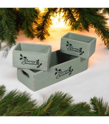 AcaciaHome Stylish and Vintage Wooden Merry Christmas Storage Crate Set – 3 Rustic Display Boxes for Garden & Home Decor – Stackable, Durable, Space-Saving Design for Home & Outdoor Use (Light Green)
