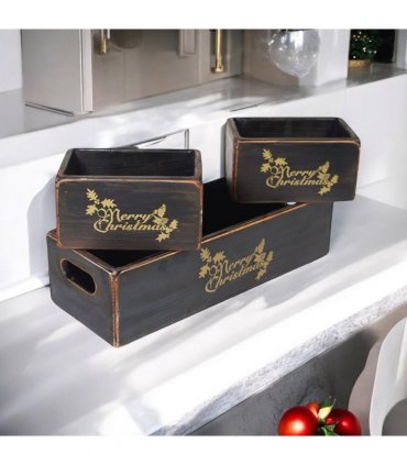 AcaciaHome Stylish and Vintage Wooden Merry Christmas Storage Crate Set – 3 Rustic Display Boxes for Garden & Home Decor – Stackable, Durable, Space-Saving Design for Home & Outdoor Use (Light Black)