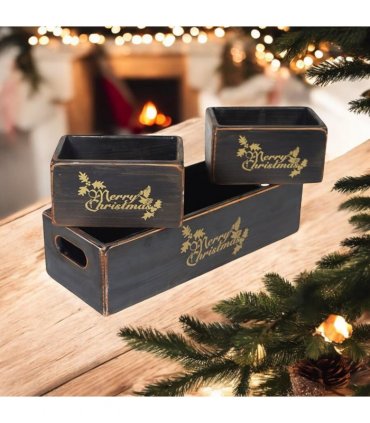 AcaciaHome Stylish and Vintage Wooden Merry Christmas Storage Crate Set – 3 Rustic Display Boxes for Garden & Home Decor – Stackable, Durable, Space-Saving Design for Home & Outdoor Use (Light Black)