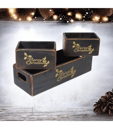 AcaciaHome Stylish and Vintage Wooden Merry Christmas Storage Crate Set – 3 Rustic Display Boxes for Garden & Home Decor – Stackable, Durable, Space-Saving Design for Home & Outdoor Use (Light Black)
