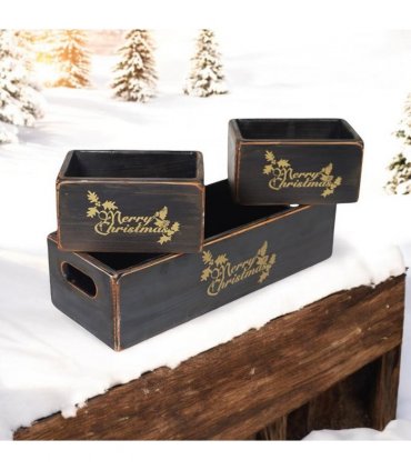 AcaciaHome Stylish and Vintage Wooden Merry Christmas Storage Crate Set – 3 Rustic Display Boxes for Garden & Home Decor – Stackable, Durable, Space-Saving Design for Home & Outdoor Use (Light Black)