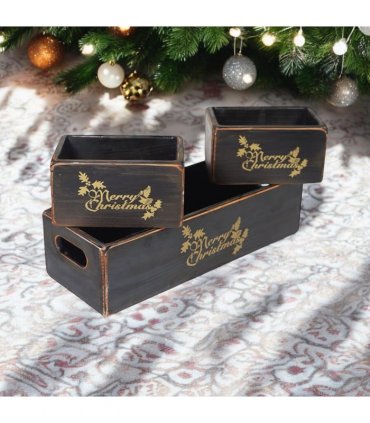 AcaciaHome Stylish and Vintage Wooden Merry Christmas Storage Crate Set – 3 Rustic Display Boxes for Garden & Home Decor – Stackable, Durable, Space-Saving Design for Home & Outdoor Use (Light Black)