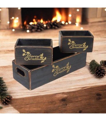 AcaciaHome Stylish and Vintage Wooden Merry Christmas Storage Crate Set – 3 Rustic Display Boxes for Garden & Home Decor – Stackable, Durable, Space-Saving Design for Home & Outdoor Use (Light Black)